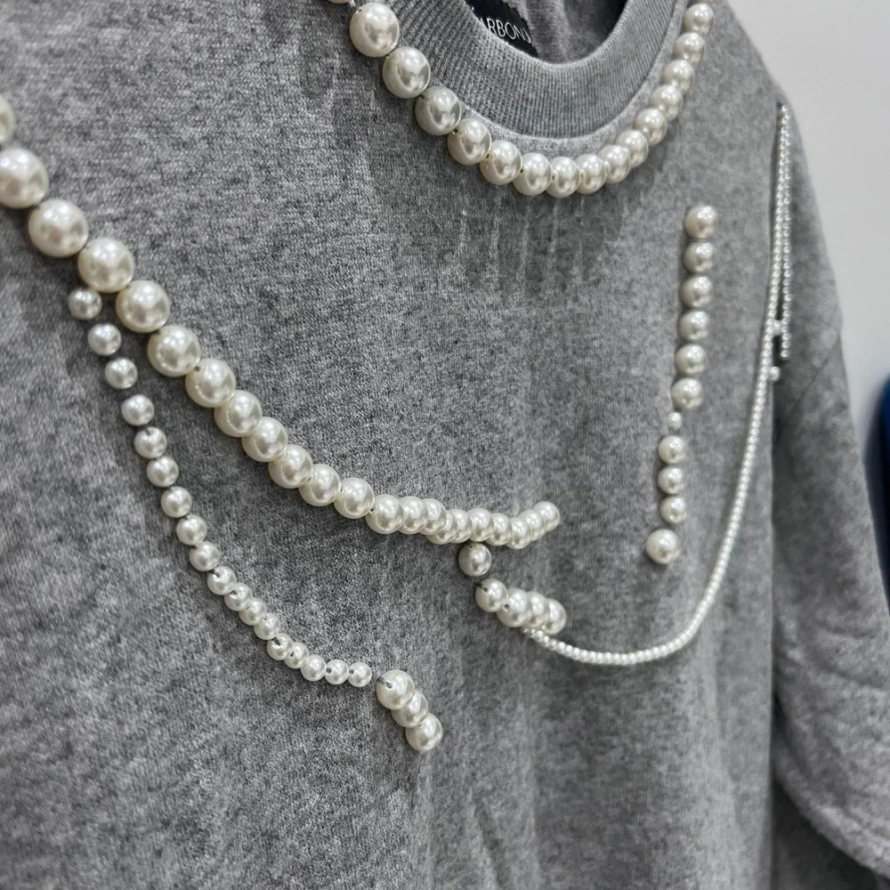 Carbon38 Pearl Sweatshirt Women's‎ XS Embellished Beaded Gray Statement Piece